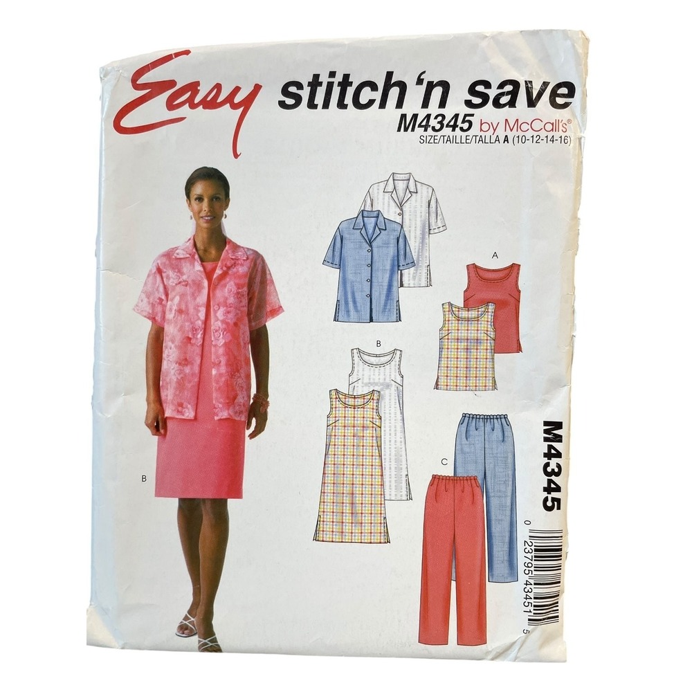 McCalls M4345 Easy Stitch'n Save Shirt Dress Pants Size 10-16